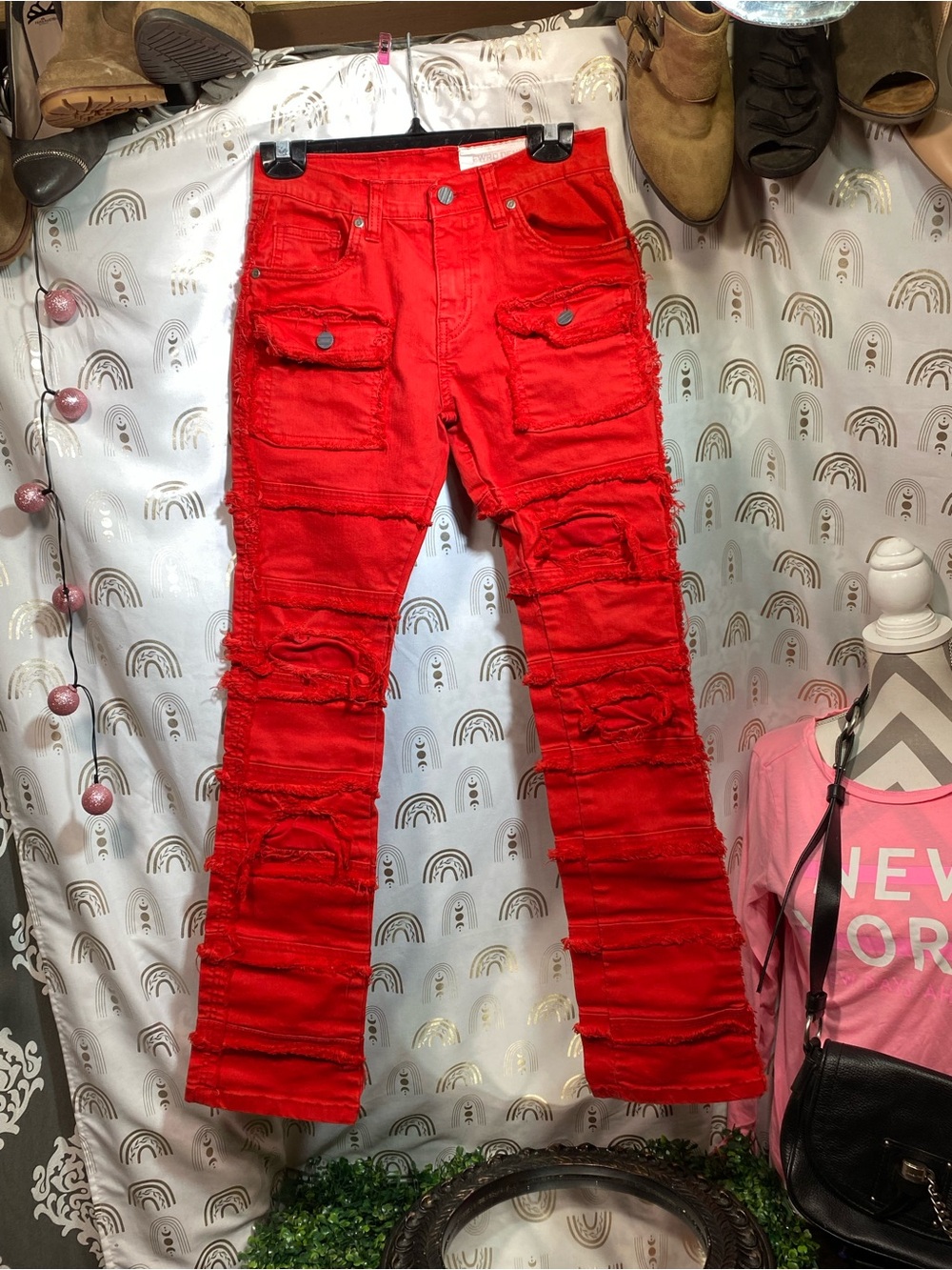 Kids Red Distressed Cargo-Style Jeans
